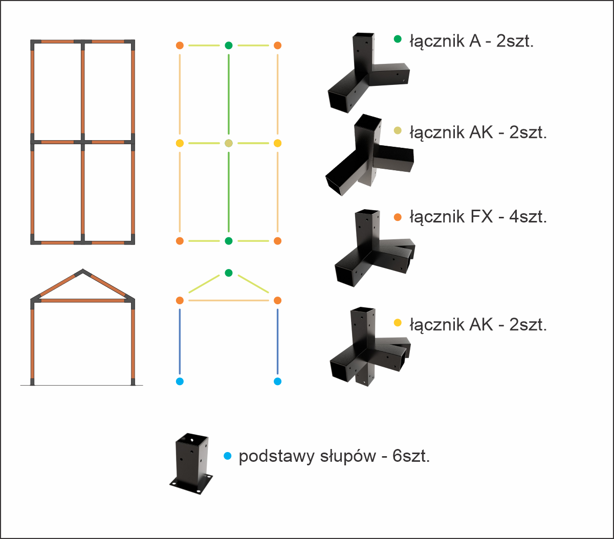 Garden pergola A-Type 3×6m - Set: Connectors, bases